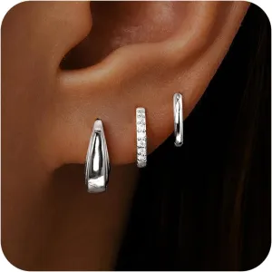 Gold Huggie Hoop Earrings Set for Women, Dainty Small Sterling Silver Earring for Multiple Piercing Hypoallergenic Jewelry, Trendy Twisted CZ Cartilage Earings for Women's Mother Gifts 3Pairs