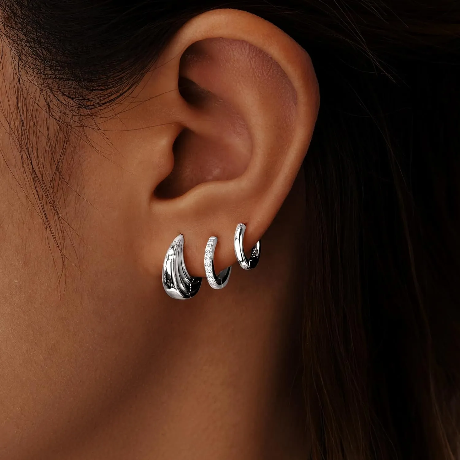 Gold Huggie Hoop Earrings Set for Women, Dainty Small Sterling Silver Earring for Multiple Piercing Hypoallergenic Jewelry, Trendy Twisted CZ Cartilage Earings for Women's Mother Gifts 3Pairs
