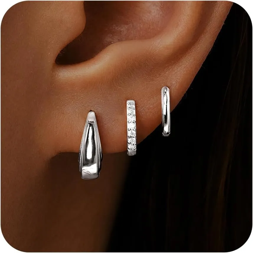 Gold Huggie Hoop Earrings Set for Women, Dainty Small Sterling Silver Earring for Multiple Piercing Hypoallergenic Jewelry, Trendy Twisted CZ Cartilage Earings for Women's Mother Gifts 3Pairs