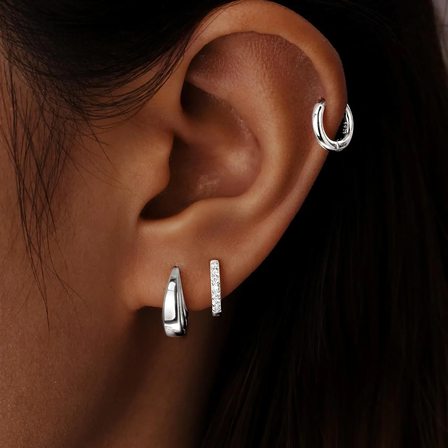 Gold Huggie Hoop Earrings Set for Women, Dainty Small Sterling Silver Earring for Multiple Piercing Hypoallergenic Jewelry, Trendy Twisted CZ Cartilage Earings for Women's Mother Gifts 3Pairs