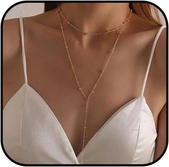 Gold Lariat Necklace for Women Long Silver Chain Layered Necklace Drop Y-Shaped Pendant Necklace