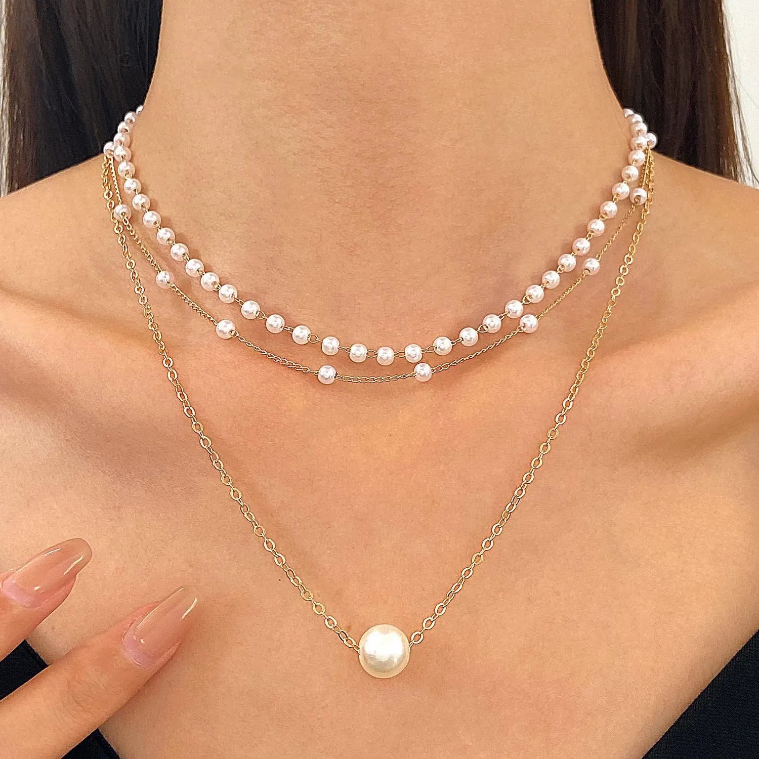 Gold Pearl Necklace for Women, Layered Pearl Pendant Necklaces 14K Gold Freshwater Pearl Chain Necklace Everyday Jewelry Gift