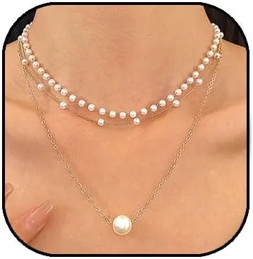 Gold Pearl Necklace for Women, Layered Pearl Pendant Necklaces 14K Gold Freshwater Pearl Chain Necklace Everyday Jewelry Gift