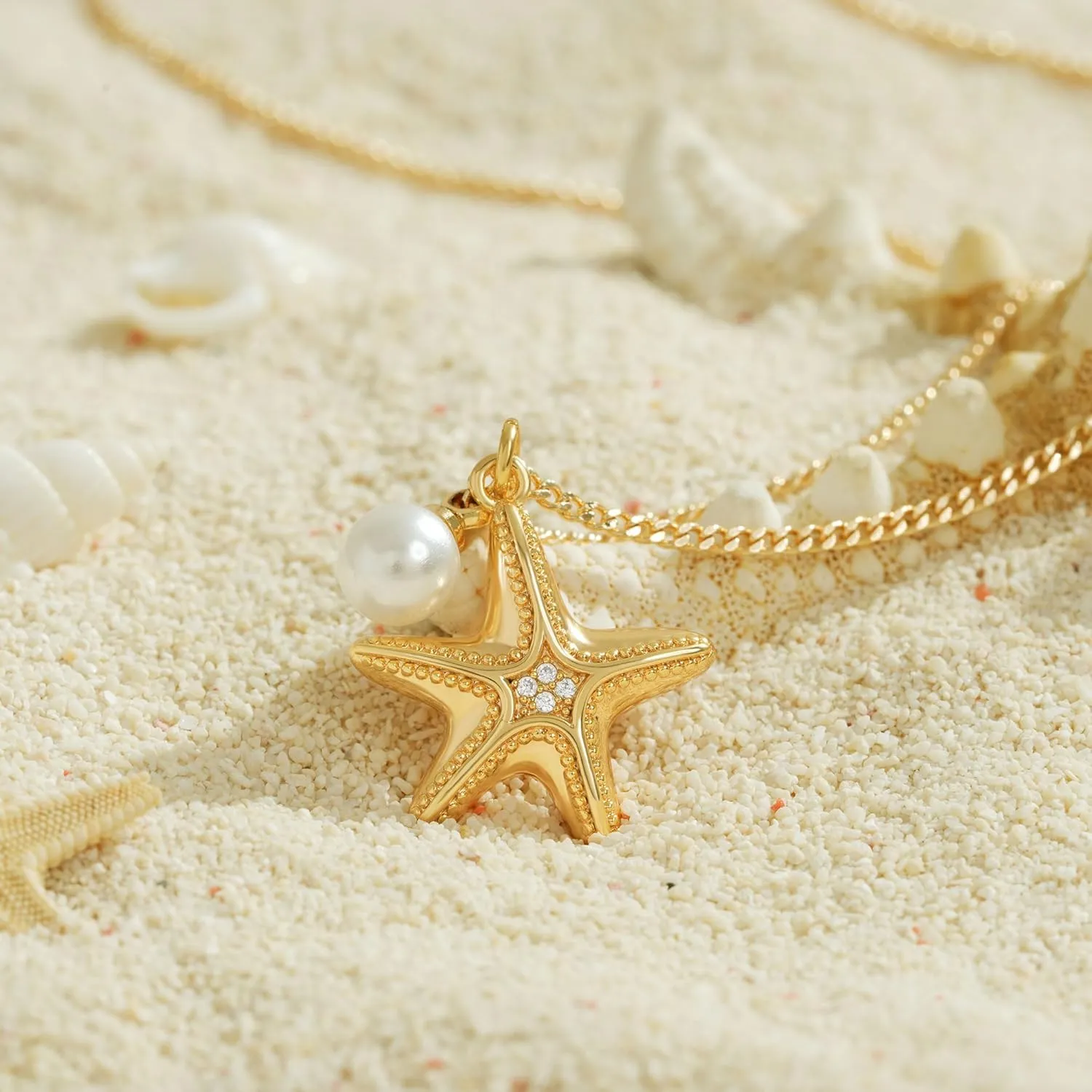 Gold Pendant Necklace for Women 14K Gold Plated Cubic Zirconia Simulated Pearl Ocean Starfish Seashell Charm Necklace Handmade Gold Jewelry Gifts