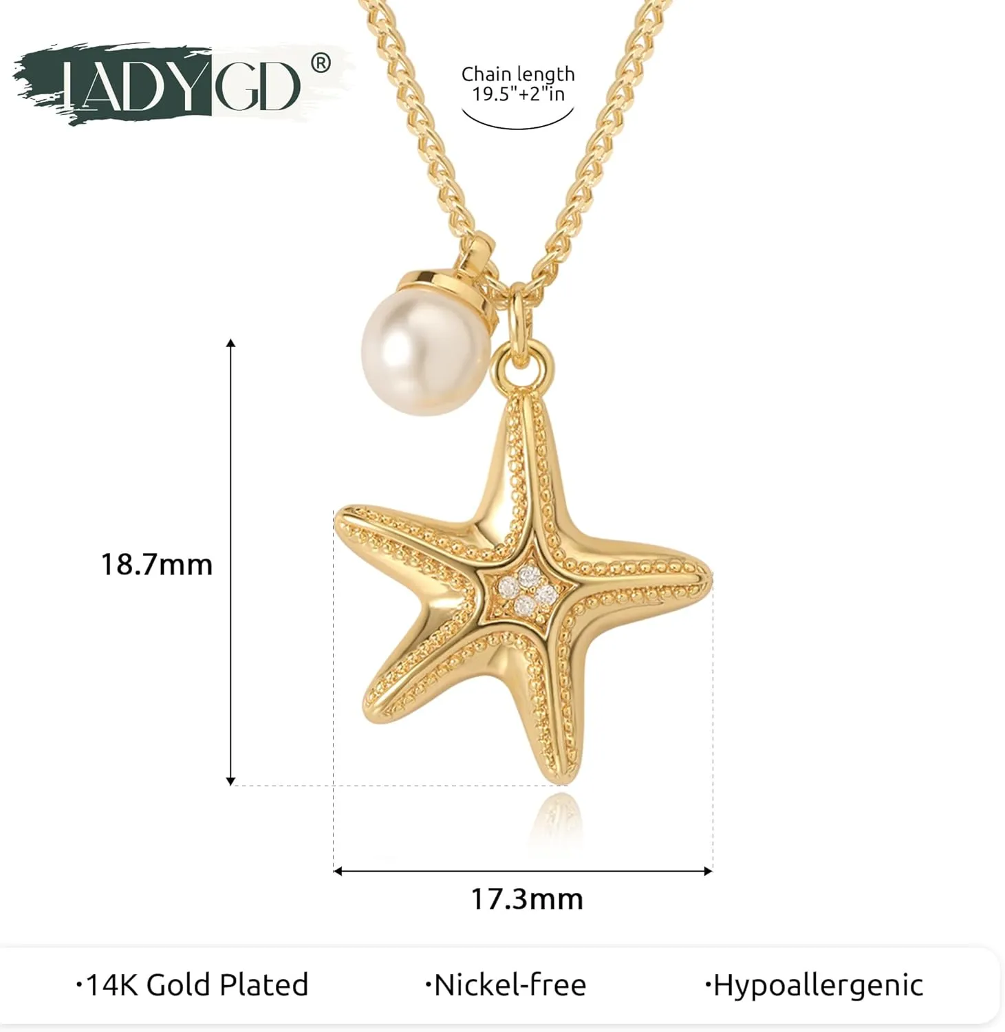 Gold Pendant Necklace for Women 14K Gold Plated Cubic Zirconia Simulated Pearl Ocean Starfish Seashell Charm Necklace Handmade Gold Jewelry Gifts