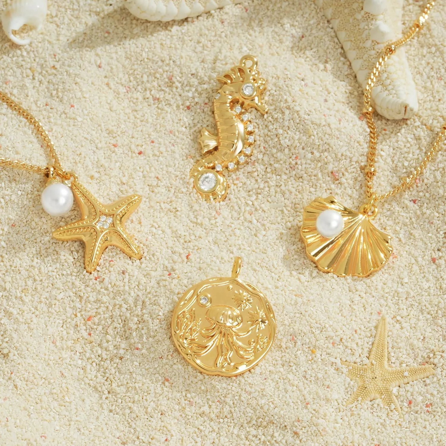 Gold Pendant Necklace for Women 14K Gold Plated Cubic Zirconia Simulated Pearl Ocean Starfish Seashell Charm Necklace Handmade Gold Jewelry Gifts
