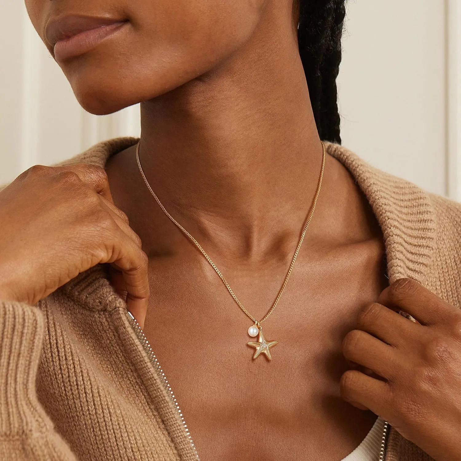 Gold Pendant Necklace for Women 14K Gold Plated Cubic Zirconia Simulated Pearl Ocean Starfish Seashell Charm Necklace Handmade Gold Jewelry Gifts