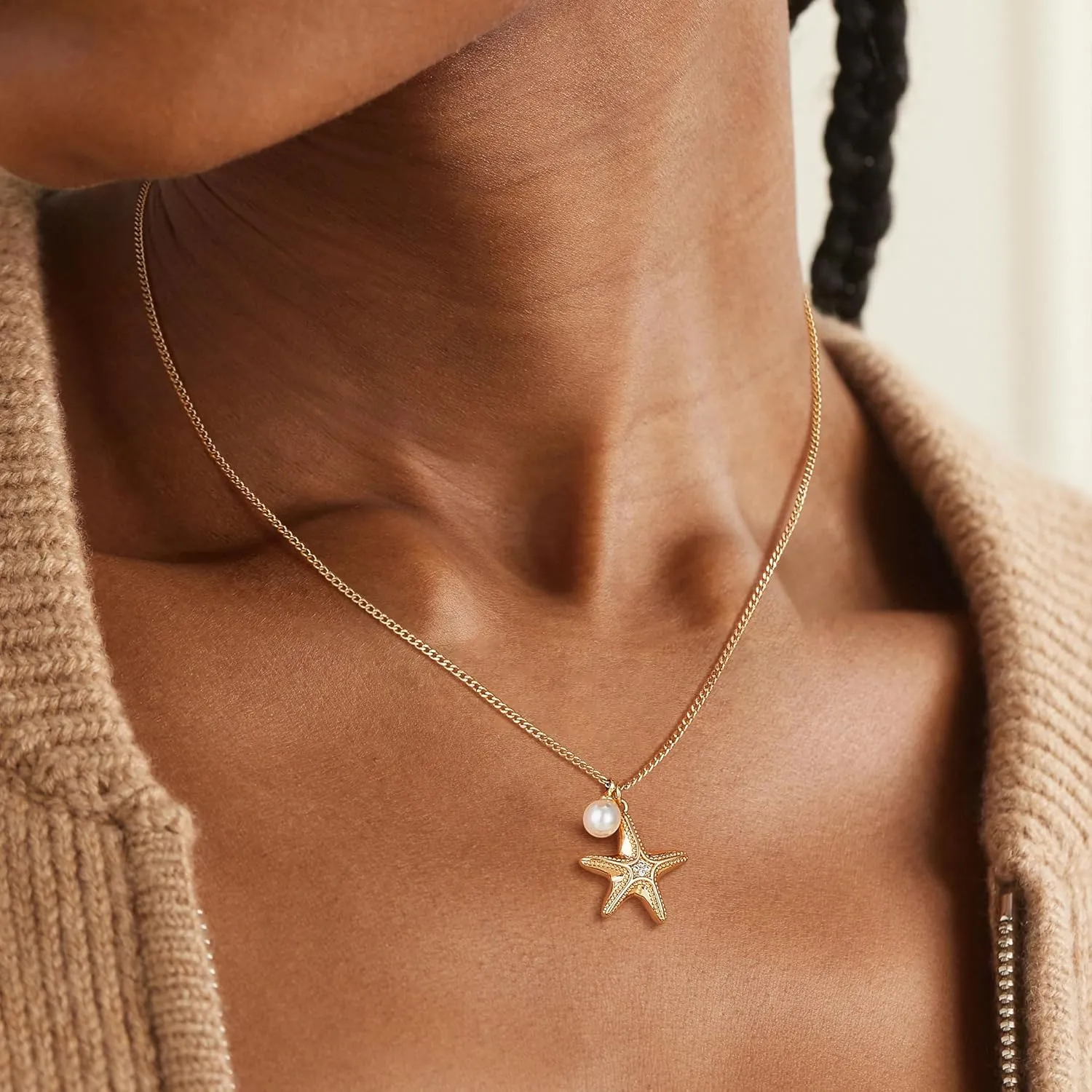 Gold Pendant Necklace for Women 14K Gold Plated Cubic Zirconia Simulated Pearl Ocean Starfish Seashell Charm Necklace Handmade Gold Jewelry Gifts