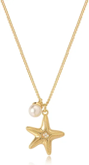 Gold Pendant Necklace for Women 14K Gold Plated Cubic Zirconia Simulated Pearl Ocean Starfish Seashell Charm Necklace Handmade Gold Jewelry Gifts