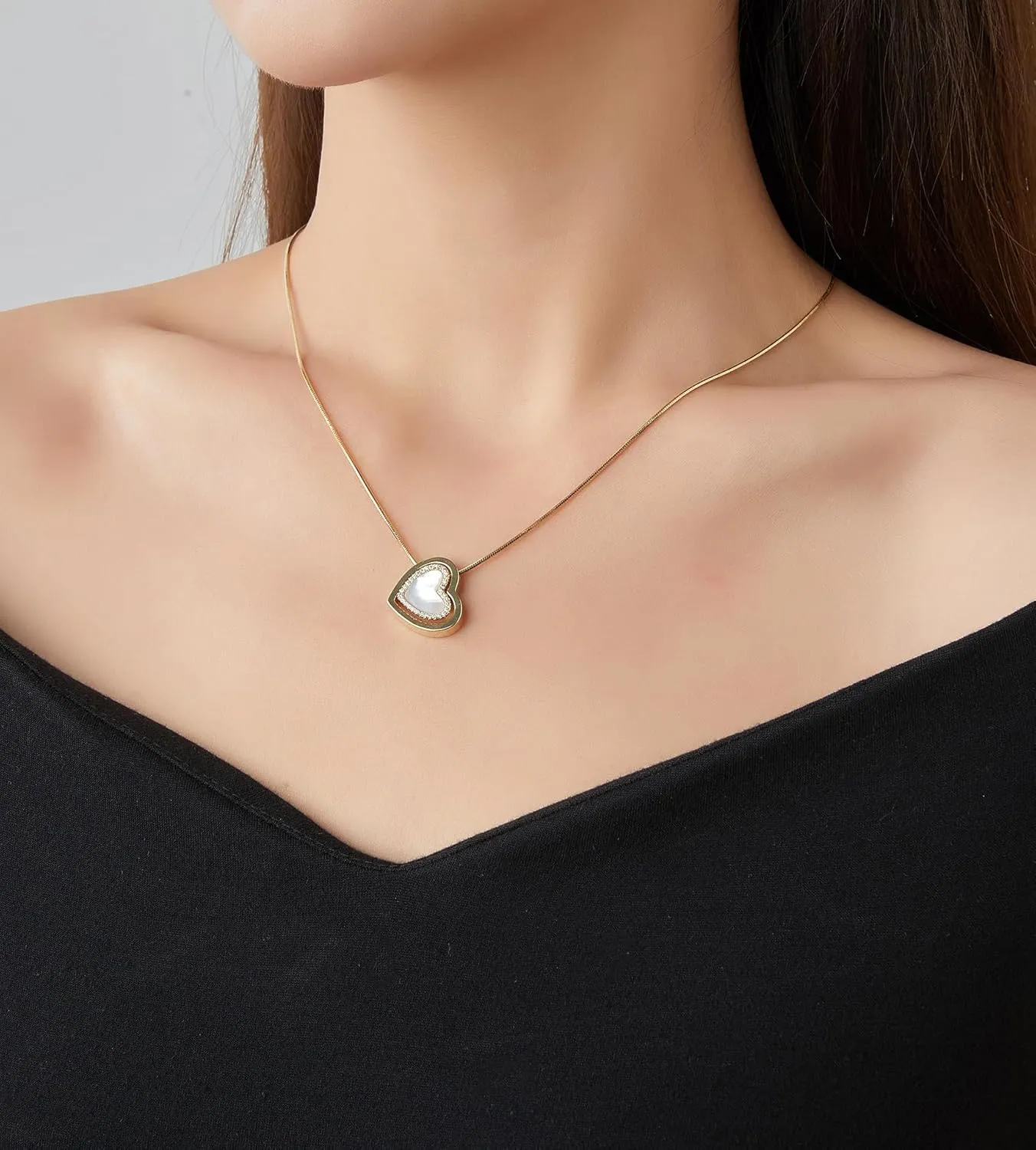 Gold Pendant Necklace for Women, Dainty Vintage 14K Gold Plated Heart Pearl Opal Necklaces Jewelry for Her