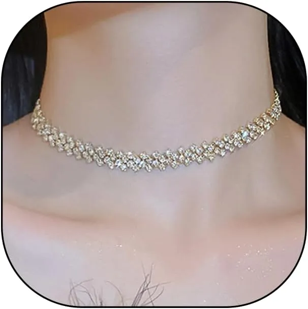 Gold Rhinestone Chokers for Women,Delicate Bilayer Crystal Silver Chain Necklaces,Sparkly Party Prom Accessories for Woman Jewelry Gift