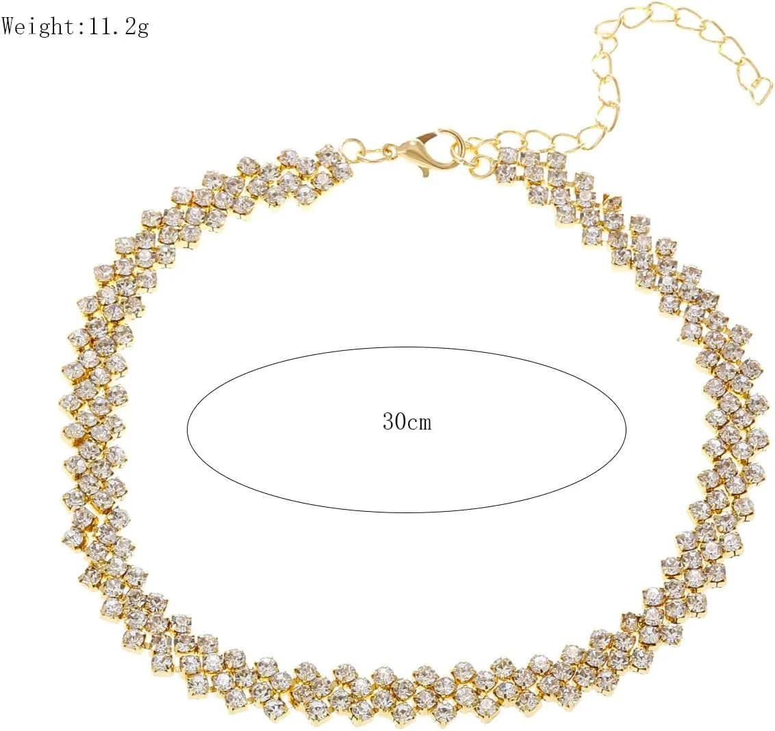 Gold Rhinestone Chokers for Women,Delicate Bilayer Crystal Silver Chain Necklaces,Sparkly Party Prom Accessories for Woman Jewelry Gift