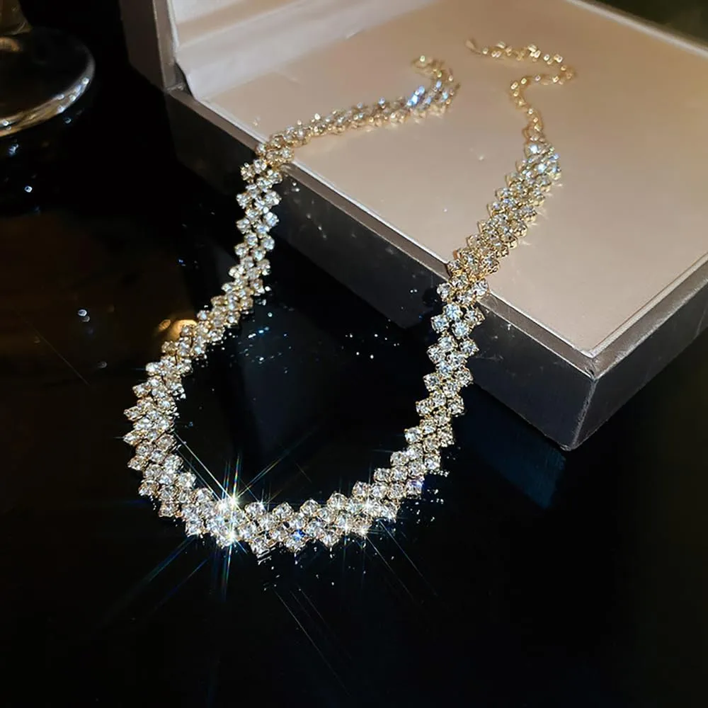 Gold Rhinestone Chokers for Women,Delicate Bilayer Crystal Silver Chain Necklaces,Sparkly Party Prom Accessories for Woman Jewelry Gift