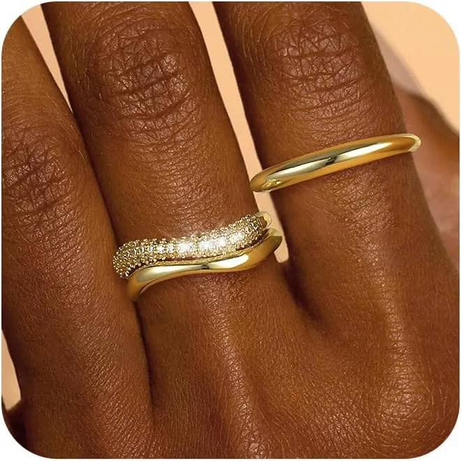Gold Rings for Women Non Tarnish Dainty 14k Gold Plated Stackable Ring Set Trendy Cubic Zirconia Thumb Wedding Engagement Bands Rings for Women Size 5 6 7 8 9 10 11