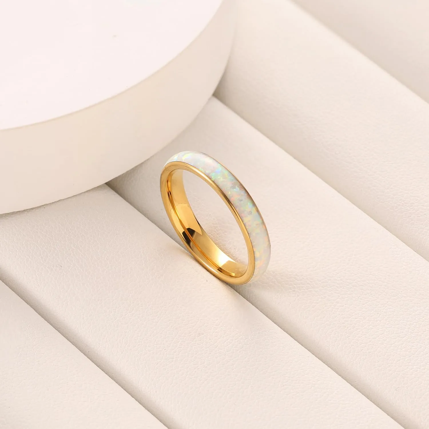 Gold Rings for Women,4mm Opal Ring Tungsten Wedding Band Multicolor Crushed Opal Inlay Fashion Chunky Rings for Women,Dome Polished Comfort Fit Engagement Rings