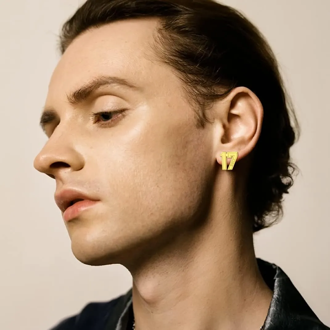 GoldChic Jewelry Sport Number Earrings for Men, Custom Name Stud Earrings For Sport Players Fans, Stainless Steel Baseball Basketball Football Soccer Volleyball Ear Jewelry Gift For Athlete