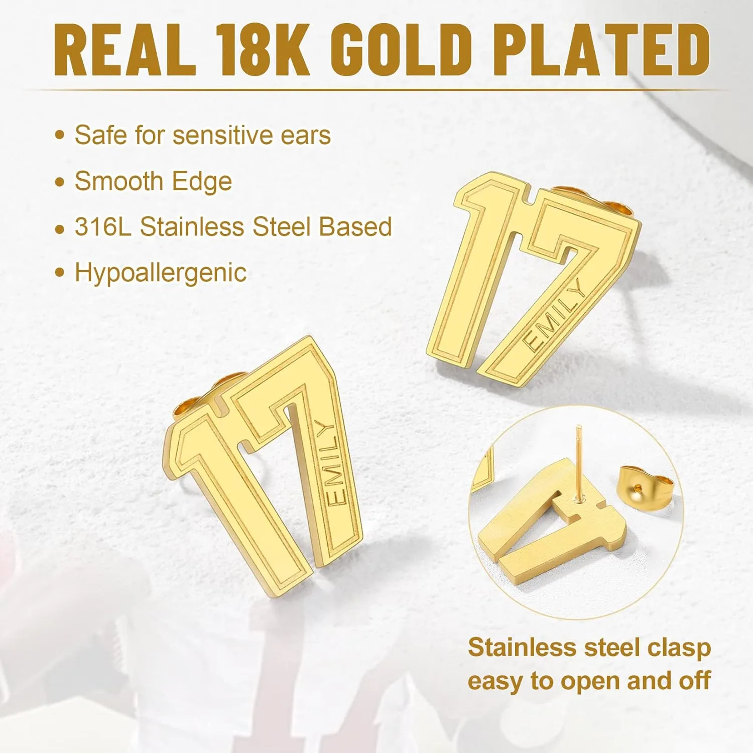 GoldChic Jewelry Sport Number Earrings for Men, Custom Name Stud Earrings For Sport Players Fans, Stainless Steel Baseball Basketball Football Soccer Volleyball Ear Jewelry Gift For Athlete