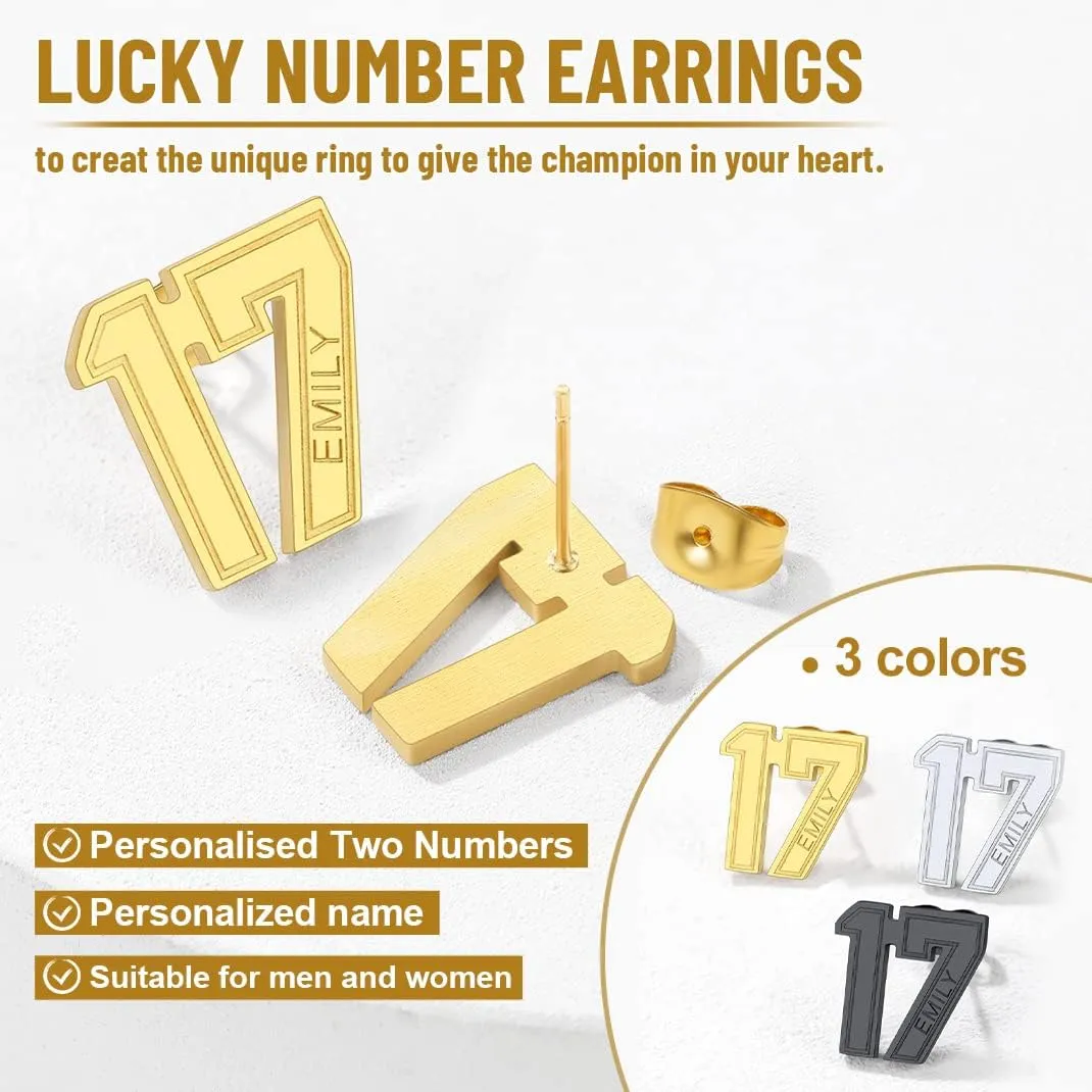GoldChic Jewelry Sport Number Earrings for Men, Custom Name Stud Earrings For Sport Players Fans, Stainless Steel Baseball Basketball Football Soccer Volleyball Ear Jewelry Gift For Athlete