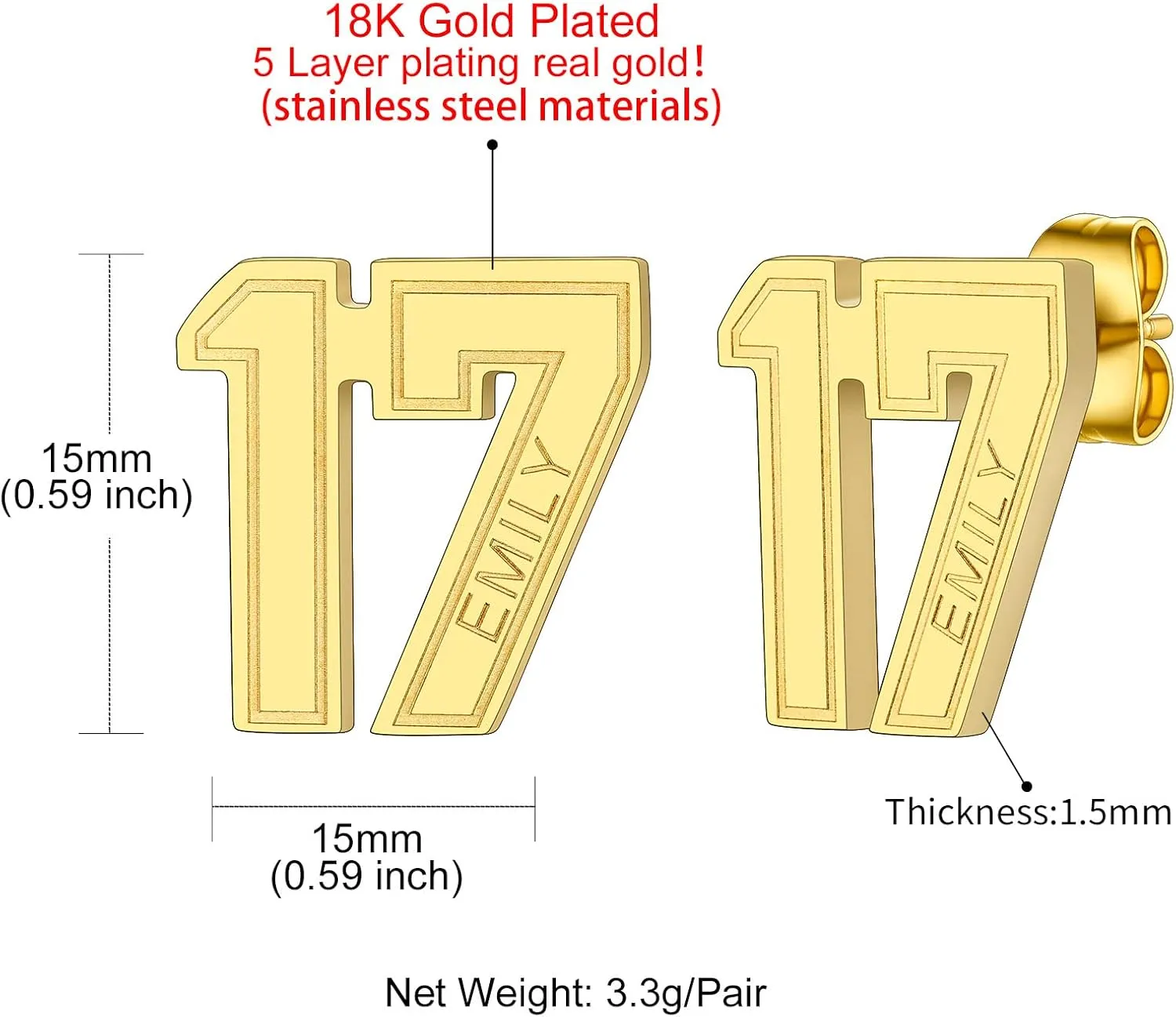 GoldChic Jewelry Sport Number Earrings for Men, Custom Name Stud Earrings For Sport Players Fans, Stainless Steel Baseball Basketball Football Soccer Volleyball Ear Jewelry Gift For Athlete