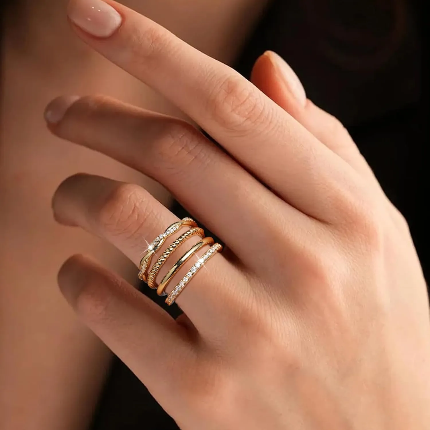 Gold/Silver Rings for Women Non Tarnish, Dainty 14K Gold Plated Stacking Thumb Rings Set, Statement Gold Adjustable Stackable Rings Set