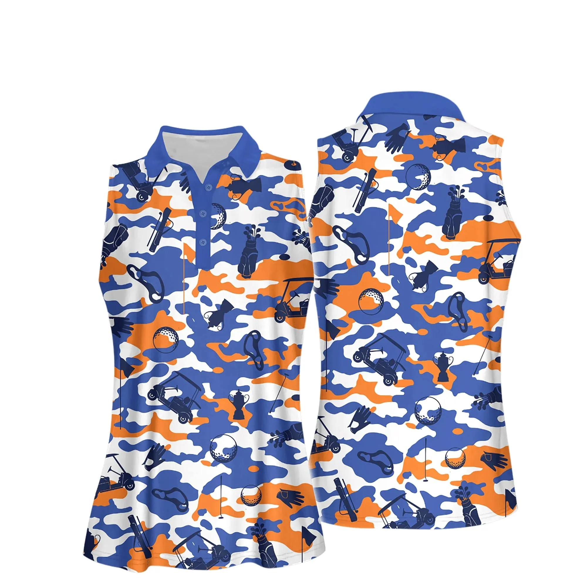 Golf Women Sleeveless Athleisure Polo Shirt, Blue And Orange And White Golf Set Polo Shirt - Gift For Mother's Day, Golfer, Female, Golf Lover