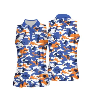 Golf Women Sleeveless Athleisure Polo Shirt, Blue And Orange And White Golf Set Polo Shirt - Gift For Mother's Day, Golfer, Female, Golf Lover