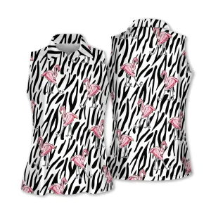 Golf Women Sleeveless Polo Shirt, Seamless Flamingo Zebra Background Short Sleeve Polo Shirt - Gift Sport For Mother's Day, Golfers