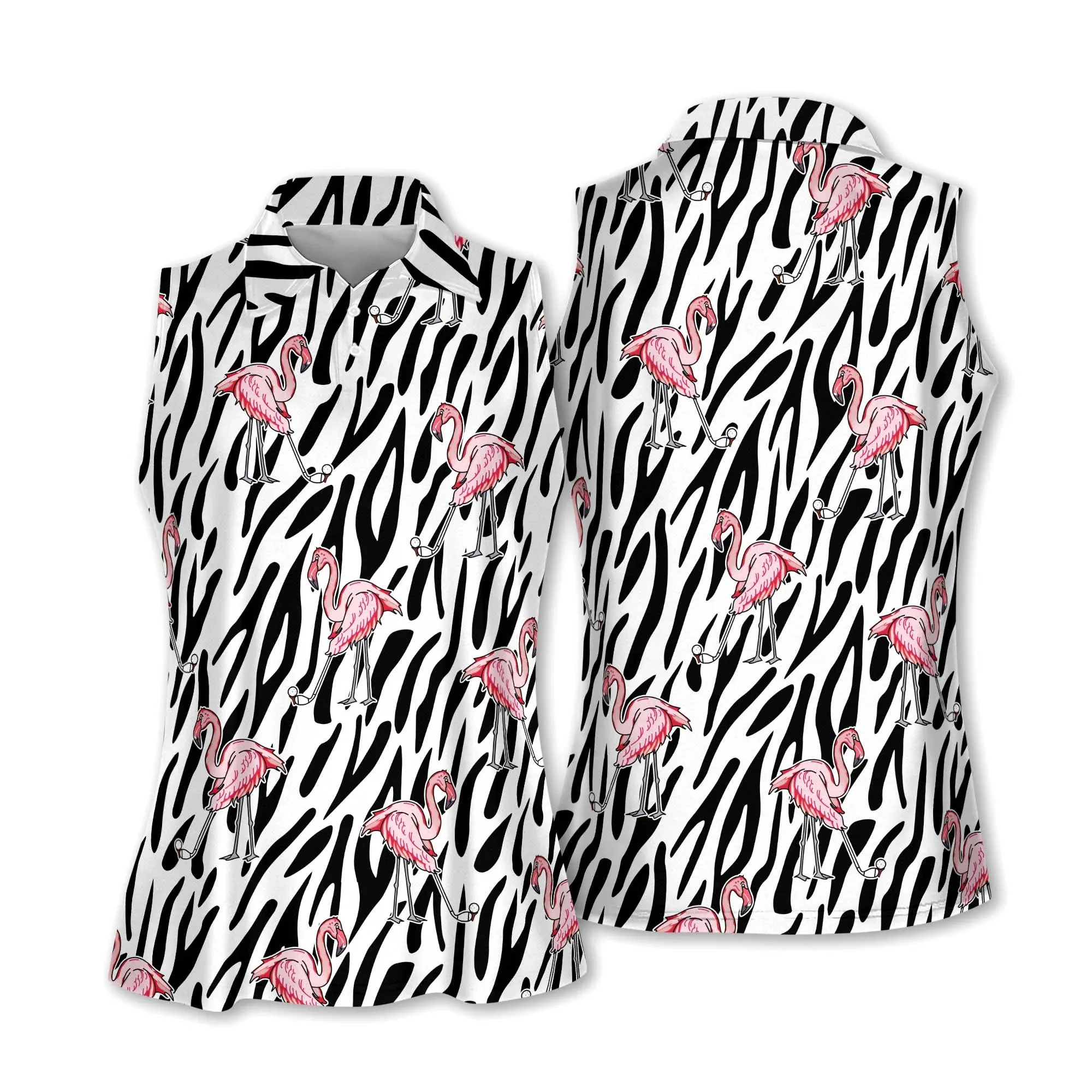 Golf Women Sleeveless Polo Shirt, Seamless Flamingo Zebra Background Short Sleeve Polo Shirt - Gift Sport For Mother's Day, Golfers