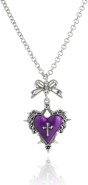 Gothic Bow Heart Pendant Necklace for Women Red Purple Heart Cross Necklace Dark Vampire Necklaces Vintage Punk Rock Style Necklace Heart Thorns Necklaces Halloween Jewelry Victoria NecklaceMystic Witch Jewelry Accessories