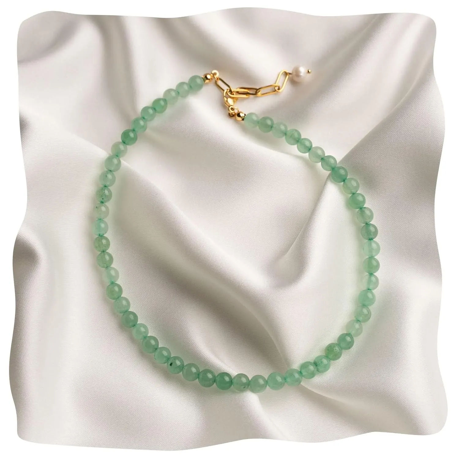 Green Aventurine Jade Necklace, Green Choker Necklace Healing Crystal Necklace with Pearl for Women, Handmade Necklaces Spiritual Jewelry for Women. (green aventurine)
