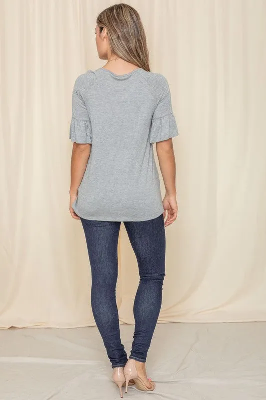 Grey Solid Ruffle Sleeve Top