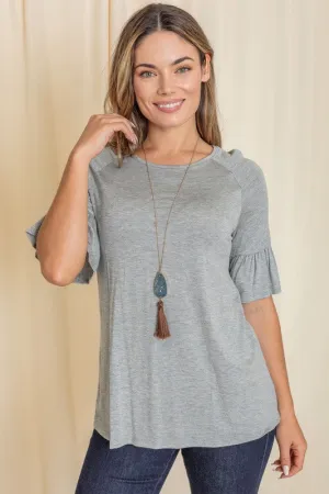 Grey Solid Ruffle Sleeve Top