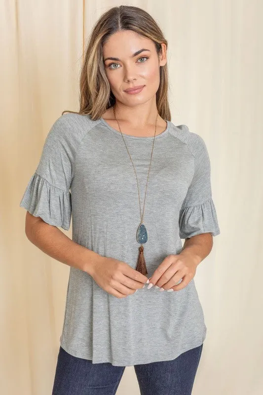 Grey Solid Ruffle Sleeve Top