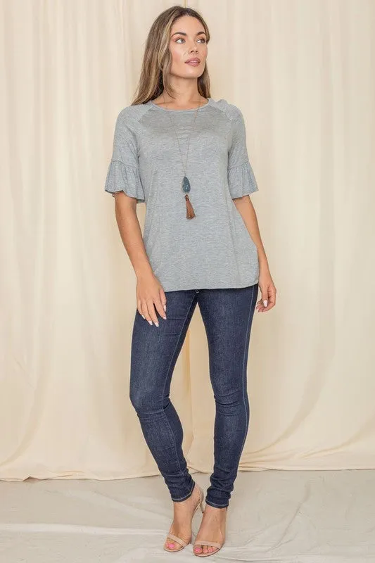 Grey Solid Ruffle Sleeve Top