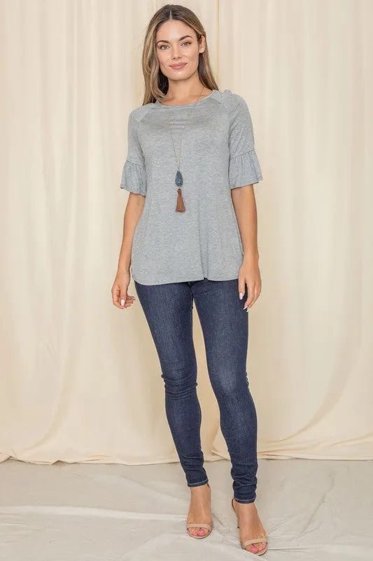 Grey Solid Ruffle Sleeve Top