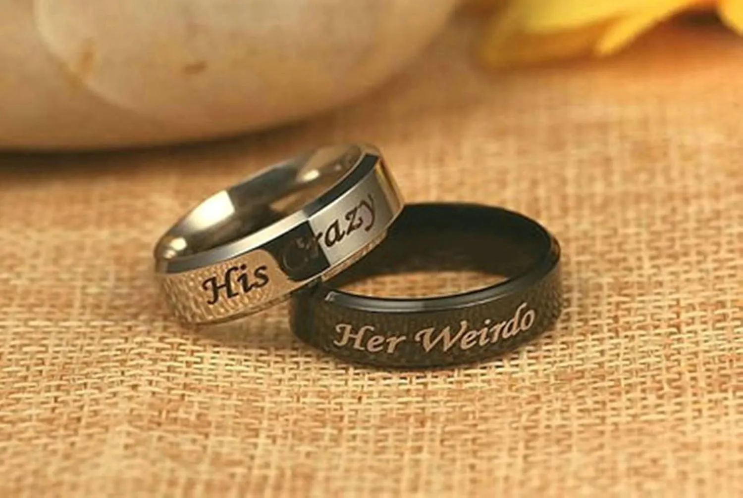 Gualiy Stainless Steel Couple Rings, Her Weirdo and His Crazy Rings Silver Black Wedding Bands Engagement Rings Size 5-13