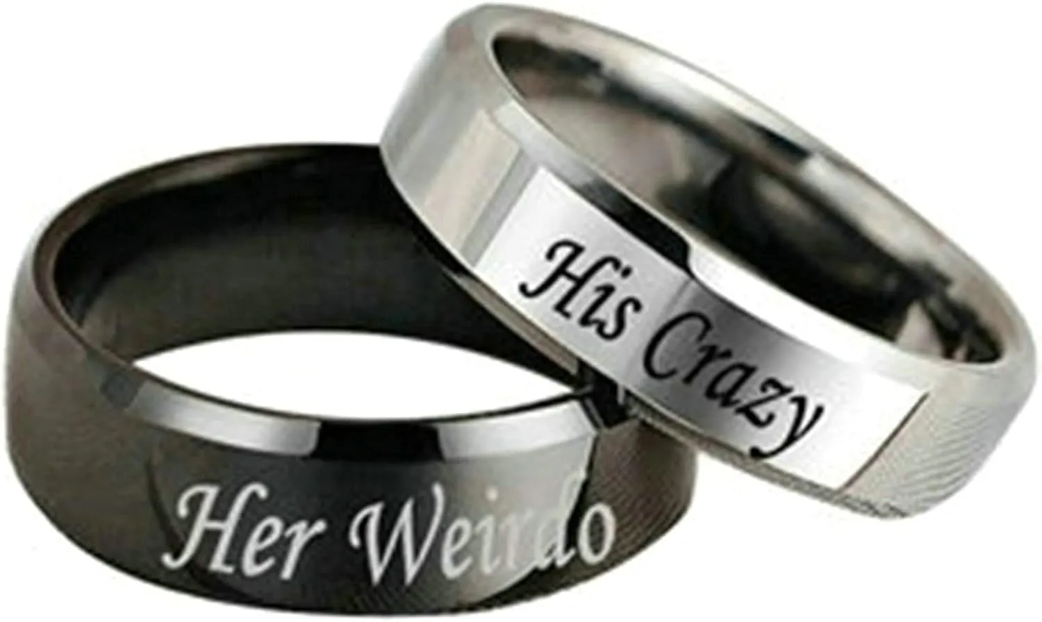 Gualiy Stainless Steel Couple Rings, Her Weirdo and His Crazy Rings Silver Black Wedding Bands Engagement Rings Size 5-13