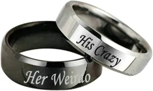 Gualiy Stainless Steel Couple Rings, Her Weirdo and His Crazy Rings Silver Black Wedding Bands Engagement Rings Size 5-13