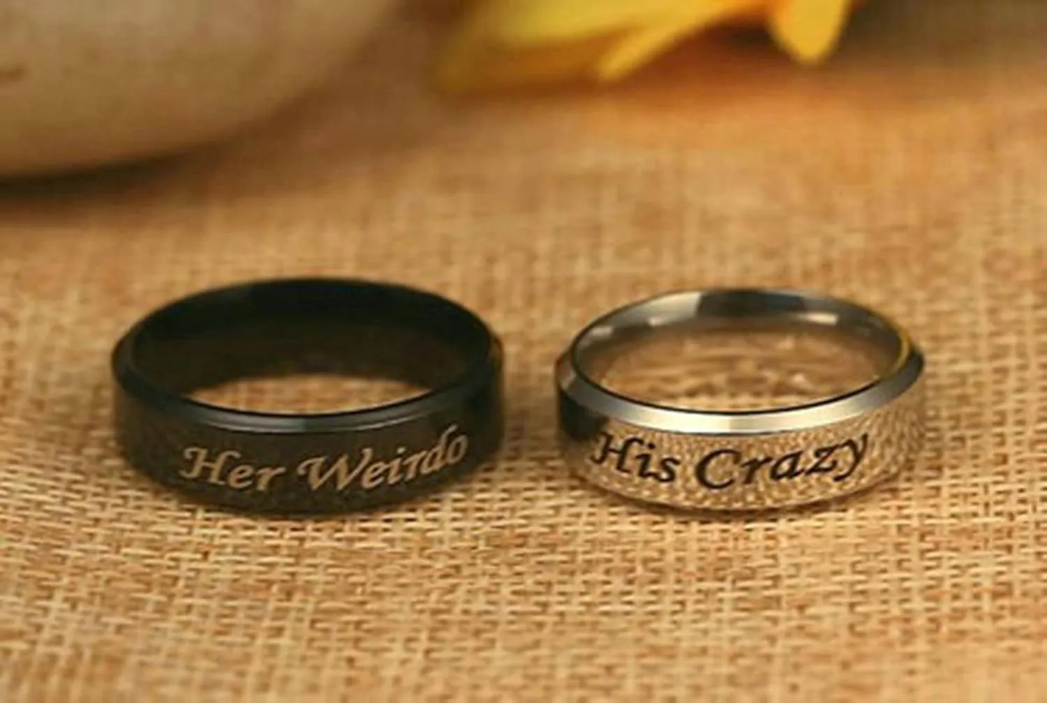 Gualiy Stainless Steel Couple Rings, Her Weirdo and His Crazy Rings Silver Black Wedding Bands Engagement Rings Size 5-13