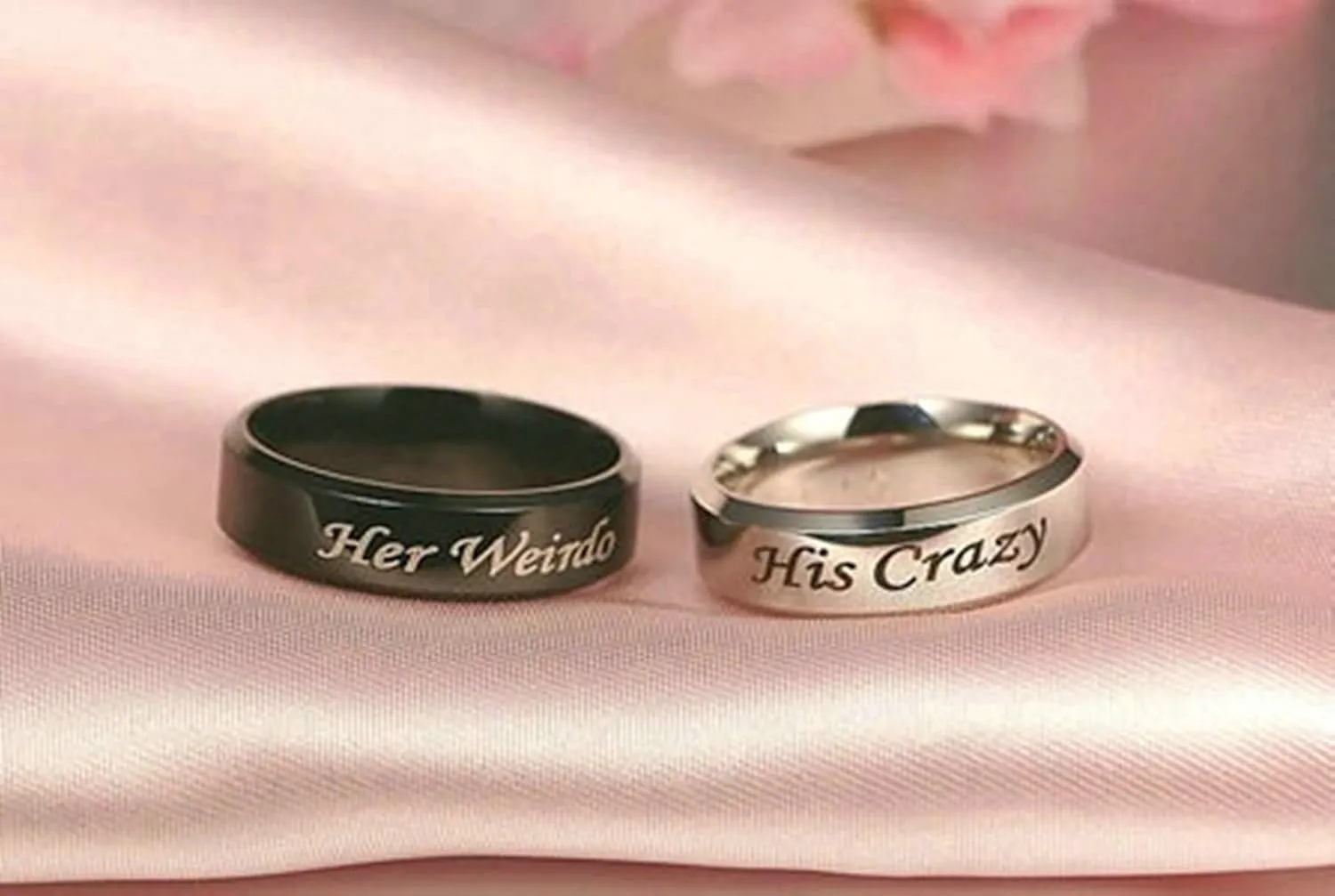 Gualiy Stainless Steel Couple Rings, Her Weirdo and His Crazy Rings Silver Black Wedding Bands Engagement Rings Size 5-13