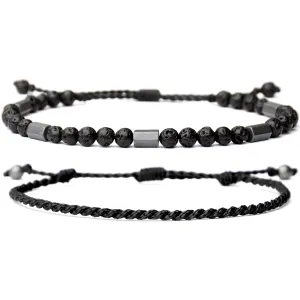 Handmade Black Waterproof Rope Beaded Adjustable Bracelets for Men - Natural Lava & Hematite Beads-Mens Beach Jewelry Bracelet Set (Lava, )