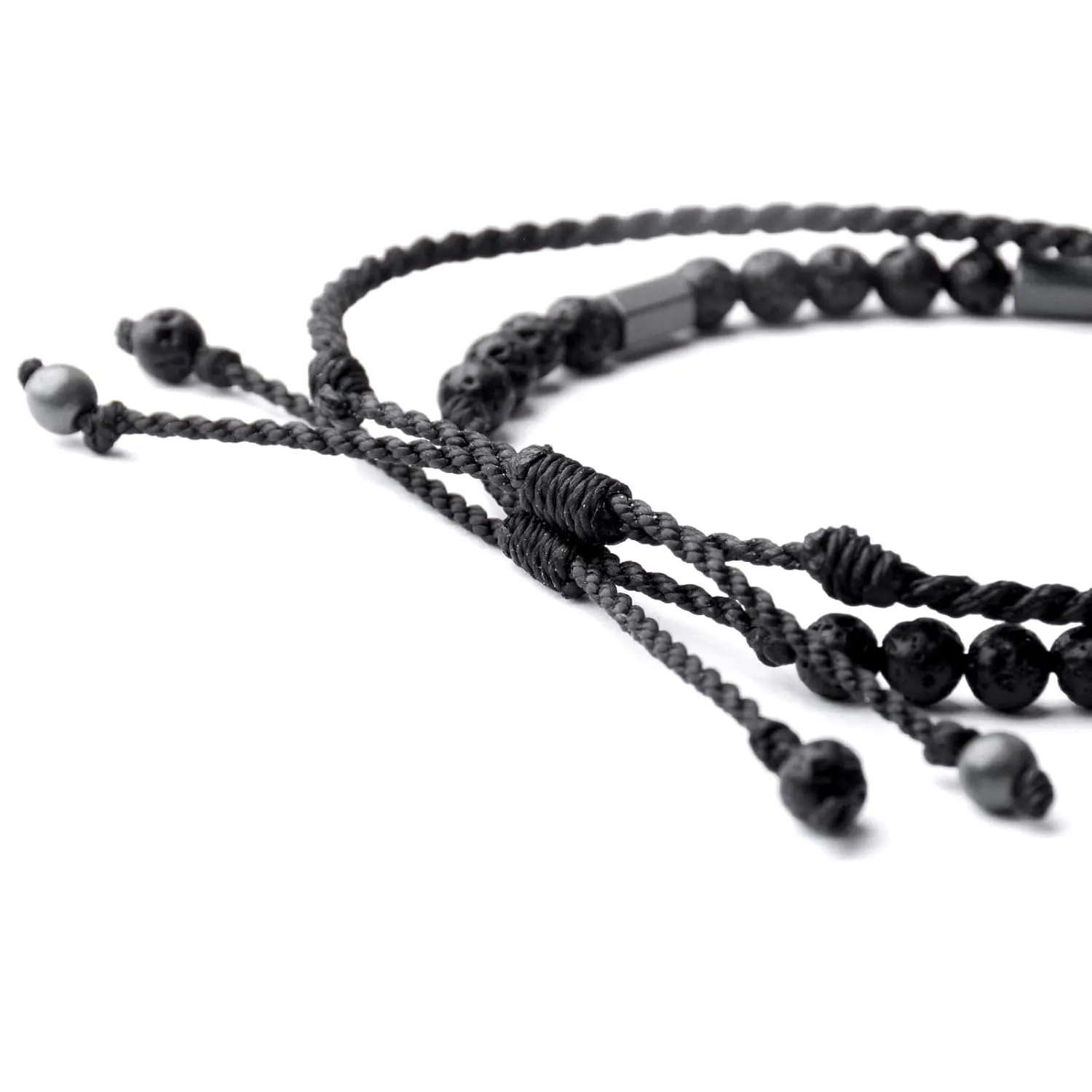 Handmade Black Waterproof Rope Beaded Adjustable Bracelets for Men - Natural Lava & Hematite Beads-Mens Beach Jewelry Bracelet Set (Lava, )
