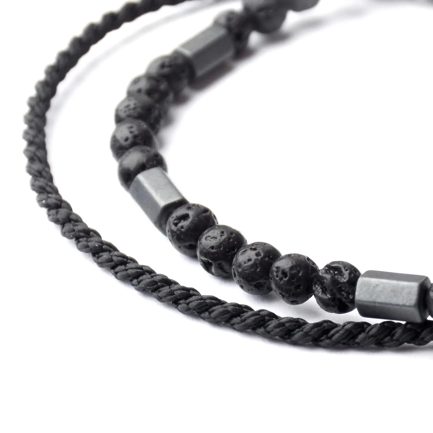 Handmade Black Waterproof Rope Beaded Adjustable Bracelets for Men - Natural Lava & Hematite Beads-Mens Beach Jewelry Bracelet Set (Lava, )