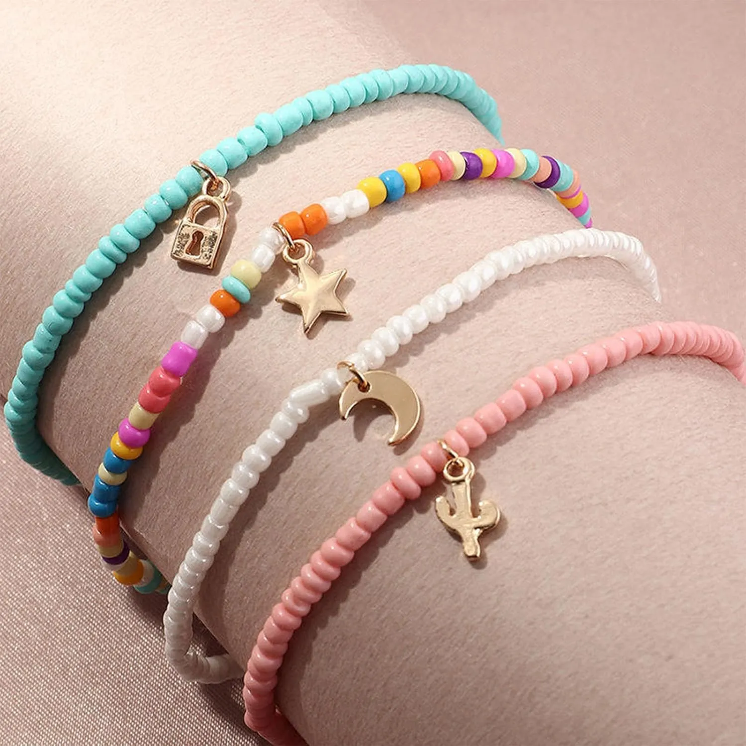 Handmade Multilayered Rainbow Colorful Beads Link Chain Moon Star Butterfly Pendant Choker Necklace Friendship Creative Beach Costume Jewelry for Women