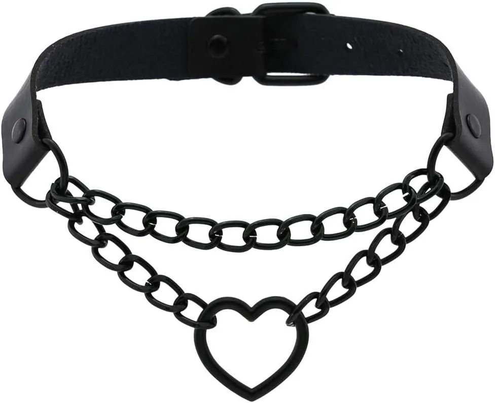 Heart Leather Choker Punk PU Necklace Goth Choker Soft Collar Chain for Women Girls Gifts