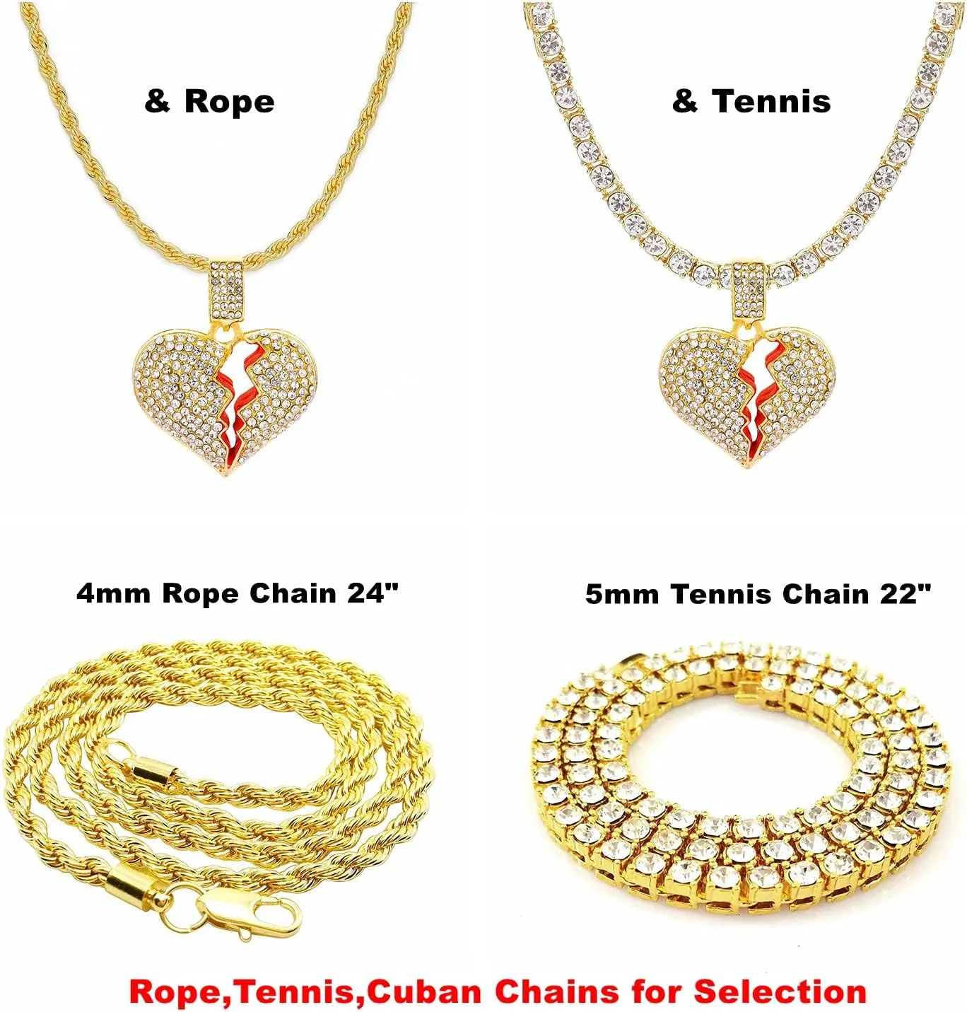 HH BLING EMPIRE Iced Out Broken Heart Chain Necklace for Men Women, Silver Gold Heart Pendant with Rope | Tennis | Cuban Link Chains, Hip Hop Rapper Chain Necklaces