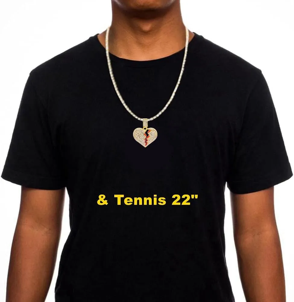 HH BLING EMPIRE Iced Out Broken Heart Chain Necklace for Men Women, Silver Gold Heart Pendant with Rope | Tennis | Cuban Link Chains, Hip Hop Rapper Chain Necklaces
