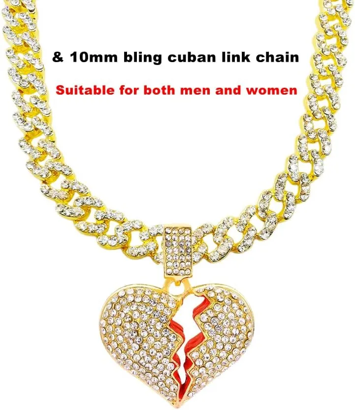 HH BLING EMPIRE Iced Out Broken Heart Chain Necklace for Men Women, Silver Gold Heart Pendant with Rope | Tennis | Cuban Link Chains, Hip Hop Rapper Chain Necklaces