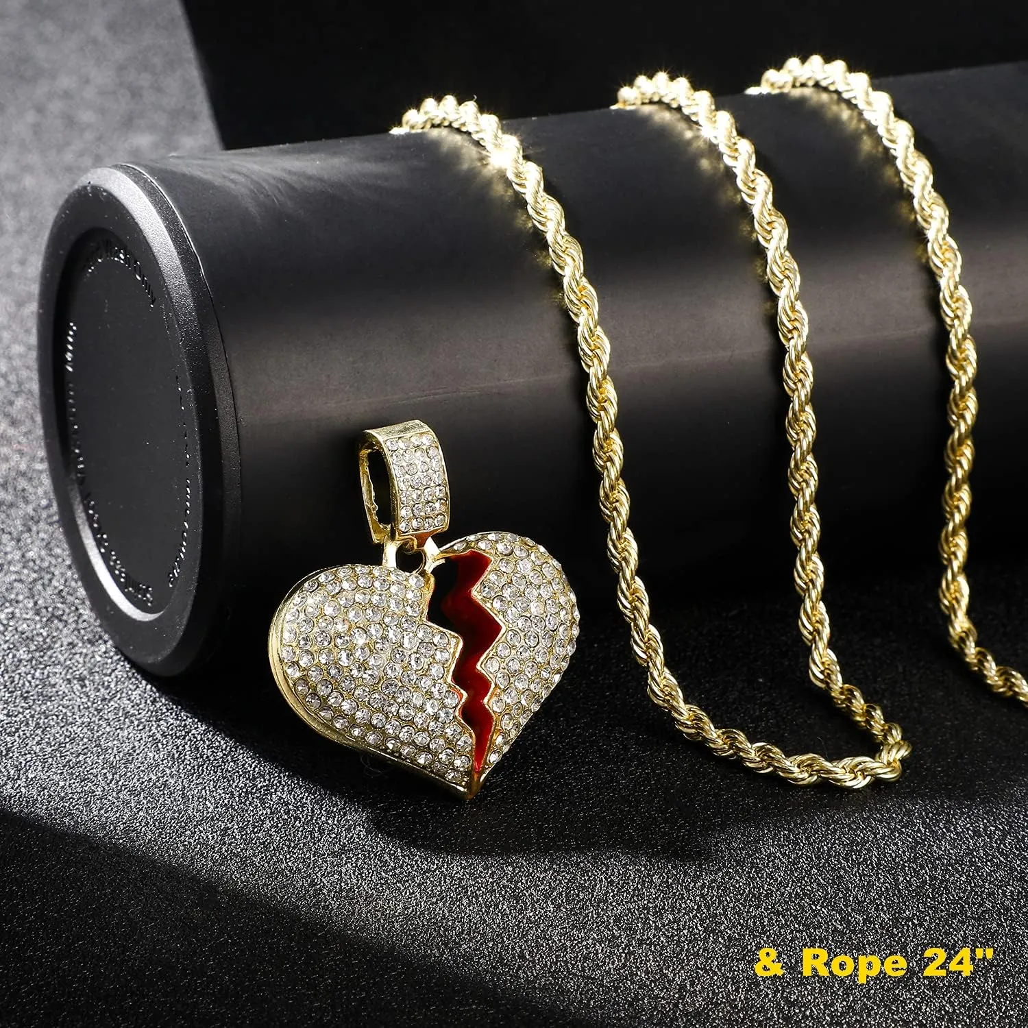 HH BLING EMPIRE Iced Out Broken Heart Chain Necklace for Men Women, Silver Gold Heart Pendant with Rope | Tennis | Cuban Link Chains, Hip Hop Rapper Chain Necklaces