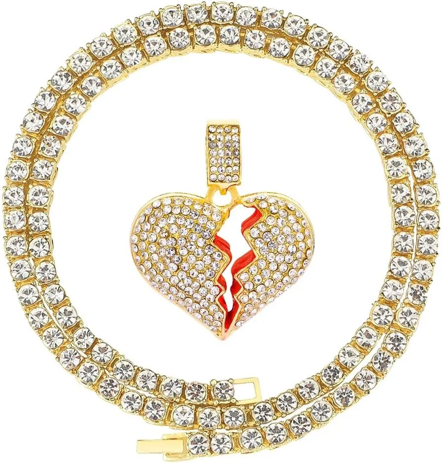HH BLING EMPIRE Iced Out Broken Heart Chain Necklace for Men Women, Silver Gold Heart Pendant with Rope | Tennis | Cuban Link Chains, Hip Hop Rapper Chain Necklaces